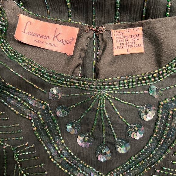 Vintage 1980s Laurence Kazar Emerald Green Beaded & Sequins Silk Top - Picture 5 of 7